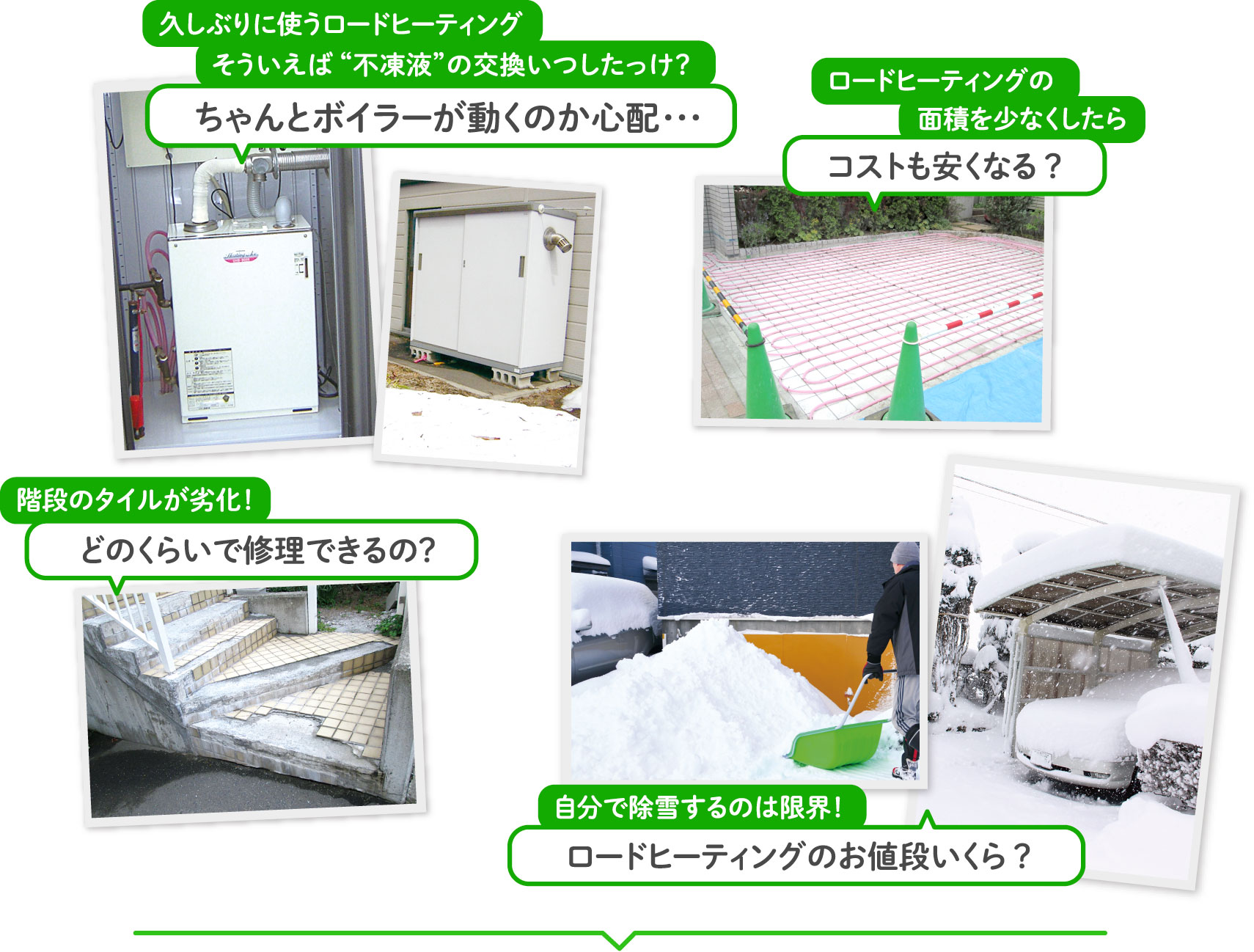 久しぶりに使うロードヒーティングそういえば“不凍液”の交換いつしたっけ?ちゃんとボイラーが動くのか心配・・・ ロードヒーティングの面積を少なくしたらコストも安くなる? 階段のタイルが劣化!どのくらいで修理できるの? 自分で除雪するのは限界!ロードヒーティングのお値段いくら?