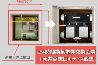 24時間換気の本体交換と、天井点検口の開口寸法（サイズ）を変更